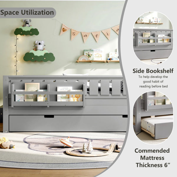 English Elm Full Low Loft Bed with Staircase Bookshelf Trundle and Safety Rails for Kids Gray W1580S00628