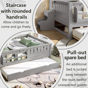 English Elm Full Low Loft Bed with Staircase Bookshelf Trundle and Safety Rails for Kids Gray W1580S00628
