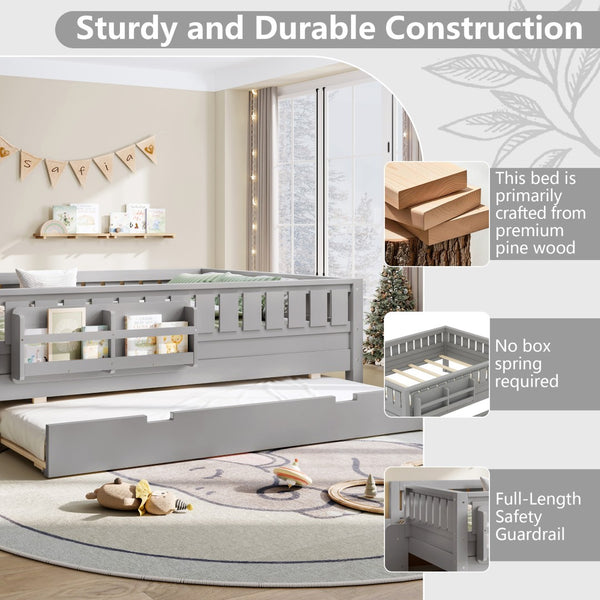 English Elm Full Low Loft Bed with Staircase Bookshelf Trundle and Safety Rails for Kids Gray W1580S00628