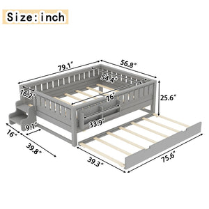 English Elm Full Low Loft Bed with Staircase Bookshelf Trundle and Safety Rails for Kids Gray W1580S00628