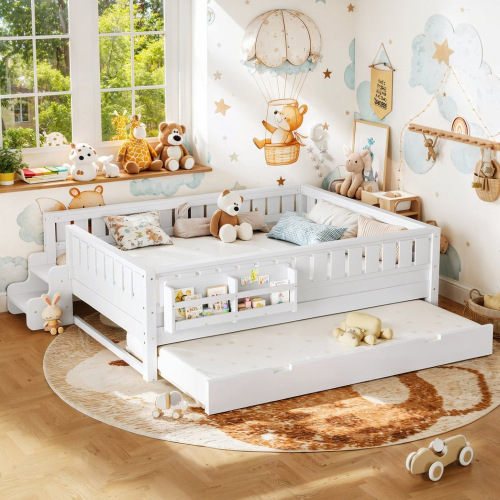 English Elm Queen Loft Bed with Staircase Bookshelf and Trundle Pull-out for Kids Bedroom White W1580S00629