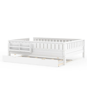 English Elm Queen Loft Bed with Staircase Bookshelf and Trundle Pull-out for Kids Bedroom White W1580S00629