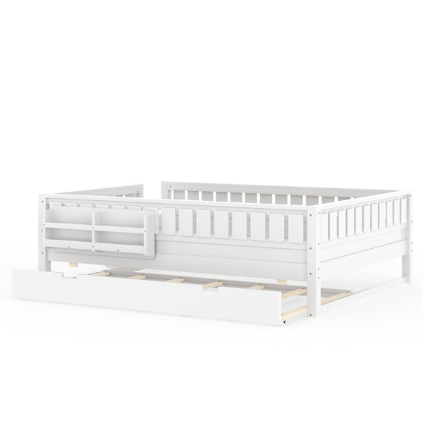 English Elm Queen Loft Bed with Staircase Bookshelf and Trundle Pull-out for Kids Bedroom White W1580S00629