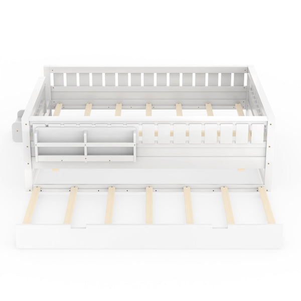 English Elm Queen Loft Bed with Staircase Bookshelf and Trundle Pull-out for Kids Bedroom White W1580S00629