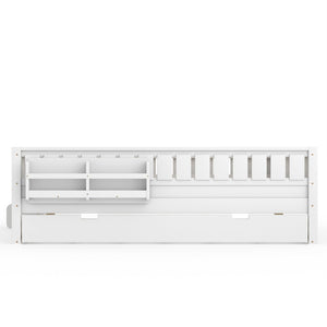 English Elm Queen Loft Bed with Staircase Bookshelf and Trundle Pull-out for Kids Bedroom White W1580S00629
