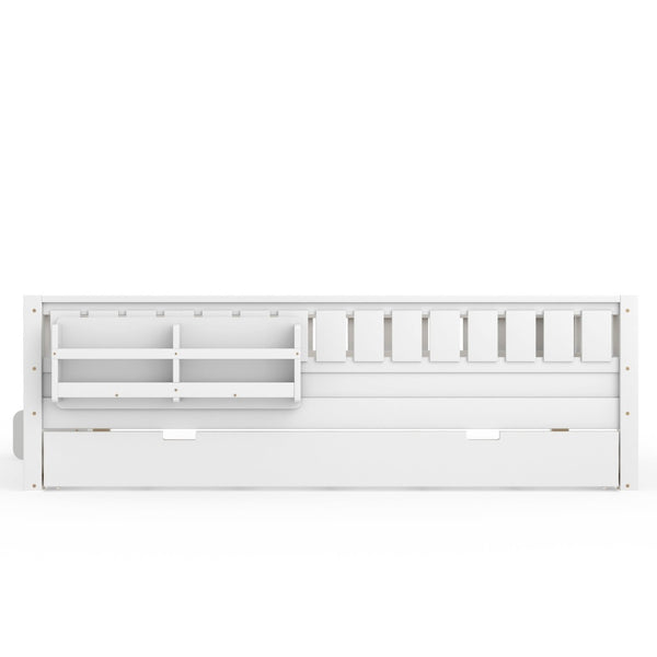 English Elm Queen Loft Bed with Staircase Bookshelf and Trundle Pull-out for Kids Bedroom White W1580S00629