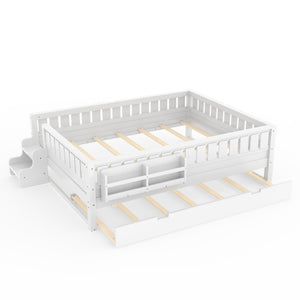 English Elm Queen Loft Bed with Staircase Bookshelf and Trundle Pull-out for Kids Bedroom White W1580S00629