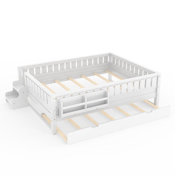 English Elm Queen Loft Bed with Staircase Bookshelf and Trundle Pull-out for Kids Bedroom White W1580S00629