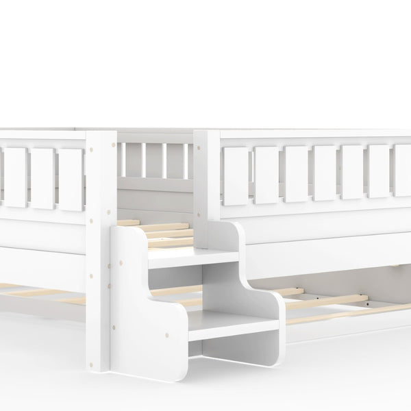 English Elm Queen Loft Bed with Staircase Bookshelf and Trundle Pull-out for Kids Bedroom White W1580S00629