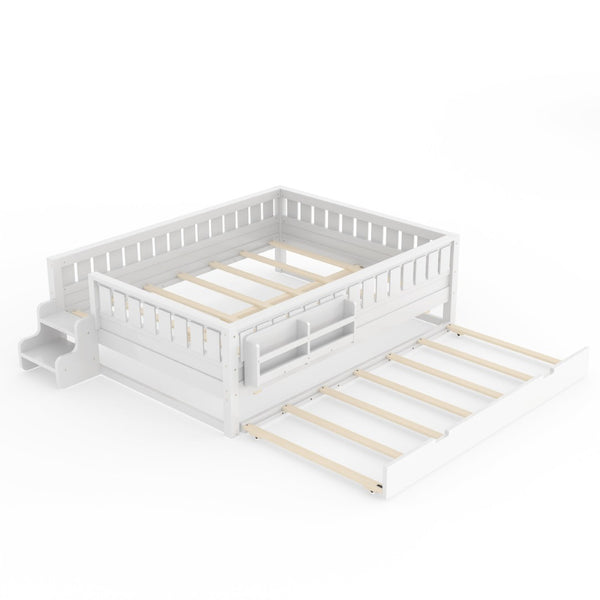 English Elm Queen Loft Bed with Staircase Bookshelf and Trundle Pull-out for Kids Bedroom White W1580S00629