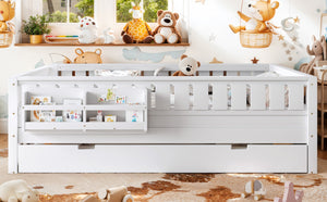 English Elm Queen Loft Bed with Staircase Bookshelf and Trundle Pull-out for Kids Bedroom White W1580S00629