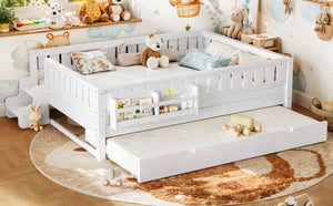English Elm Queen Loft Bed with Staircase Bookshelf and Trundle Pull-out for Kids Bedroom White W1580S00629