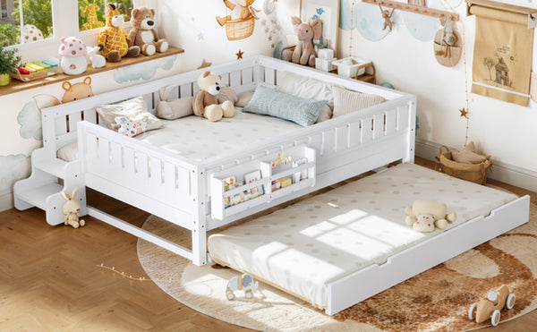 English Elm Queen Loft Bed with Staircase Bookshelf and Trundle Pull-out for Kids Bedroom White W1580S00629