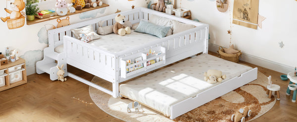 English Elm Queen Loft Bed with Staircase Bookshelf and Trundle Pull-out for Kids Bedroom White W1580S00629