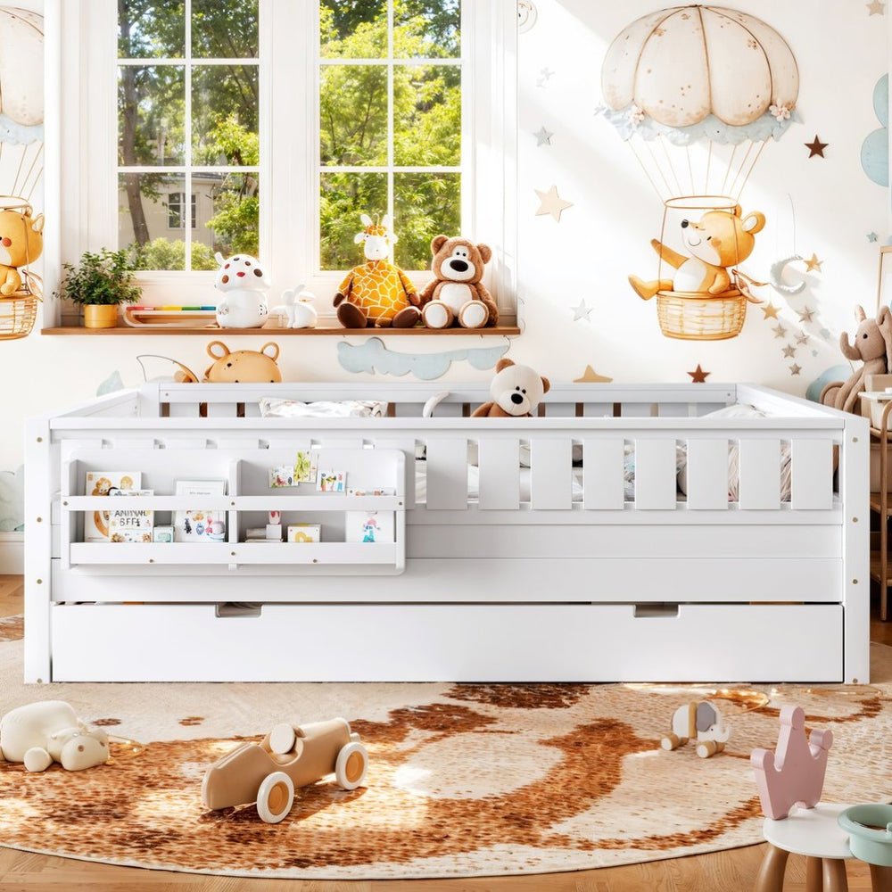 English Elm Queen Loft Bed with Staircase Bookshelf and Trundle Pull-out for Kids Bedroom White W1580S00629