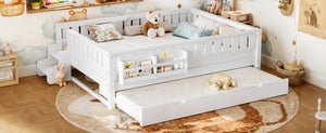 English Elm Queen Loft Bed with Staircase Bookshelf and Trundle Pull-out for Kids Bedroom White W1580S00629