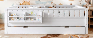 English Elm Queen Loft Bed with Staircase Bookshelf and Trundle Pull-out for Kids Bedroom White W1580S00629