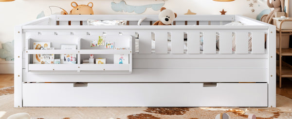 English Elm Queen Loft Bed with Staircase Bookshelf and Trundle Pull-out for Kids Bedroom White W1580S00629