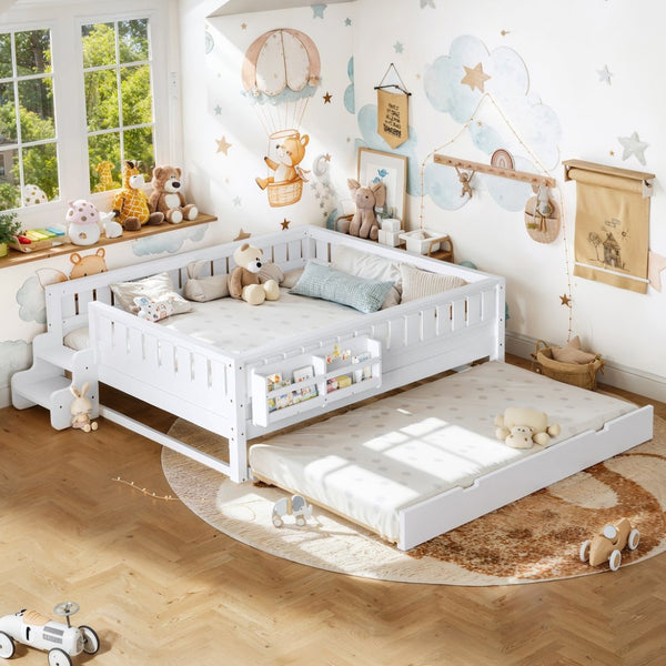 English Elm Queen Loft Bed with Staircase Bookshelf and Trundle Pull-out for Kids Bedroom White W1580S00629