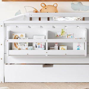English Elm Queen Loft Bed with Staircase Bookshelf and Trundle Pull-out for Kids Bedroom White W1580S00629