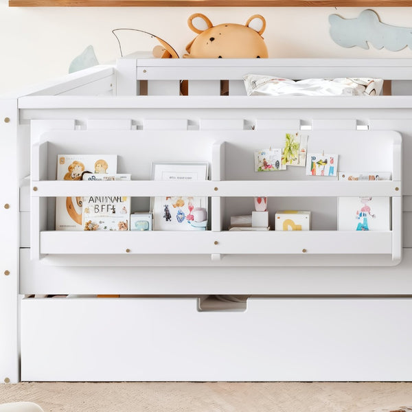English Elm Queen Loft Bed with Staircase Bookshelf and Trundle Pull-out for Kids Bedroom White W1580S00629