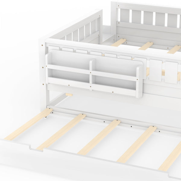 English Elm Queen Loft Bed with Staircase Bookshelf and Trundle Pull-out for Kids Bedroom White W1580S00629
