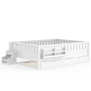 English Elm Queen Loft Bed with Staircase Bookshelf and Trundle Pull-out for Kids Bedroom White W1580S00629