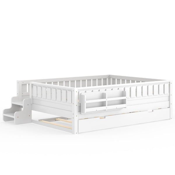 English Elm Queen Loft Bed with Staircase Bookshelf and Trundle Pull-out for Kids Bedroom White W1580S00629
