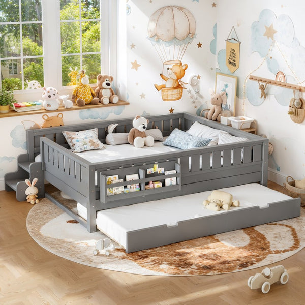 English Elm Queen Loft Bed with Staircase Bookshelf and Trundle Pull-out for Kids Bedroom Gray W1580S00630