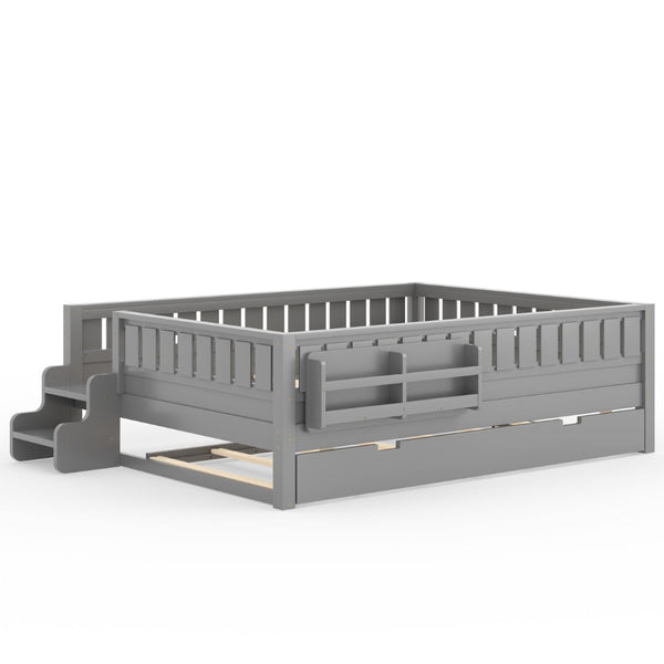 English Elm Queen Loft Bed with Staircase Bookshelf and Trundle Pull-out for Kids Bedroom Gray W1580S00630