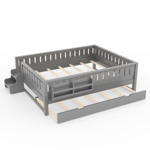 English Elm Queen Loft Bed with Staircase Bookshelf and Trundle Pull-out for Kids Bedroom Gray W1580S00630