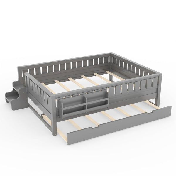 English Elm Queen Loft Bed with Staircase Bookshelf and Trundle Pull-out for Kids Bedroom Gray W1580S00630