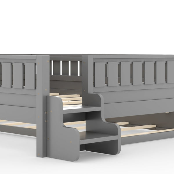 English Elm Queen Loft Bed with Staircase Bookshelf and Trundle Pull-out for Kids Bedroom Gray W1580S00630