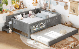 English Elm Queen Loft Bed with Staircase Bookshelf and Trundle Pull-out for Kids Bedroom Gray W1580S00630