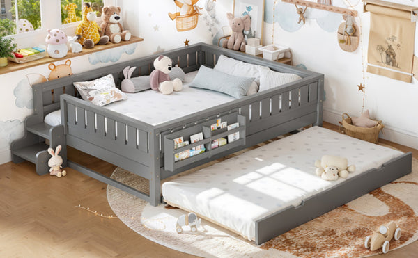 English Elm Queen Loft Bed with Staircase Bookshelf and Trundle Pull-out for Kids Bedroom Gray W1580S00630