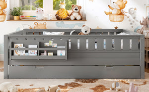 English Elm Queen Loft Bed with Staircase Bookshelf and Trundle Pull-out for Kids Bedroom Gray W1580S00630