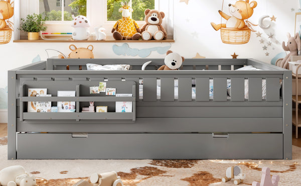 English Elm Queen Loft Bed with Staircase Bookshelf and Trundle Pull-out for Kids Bedroom Gray W1580S00630