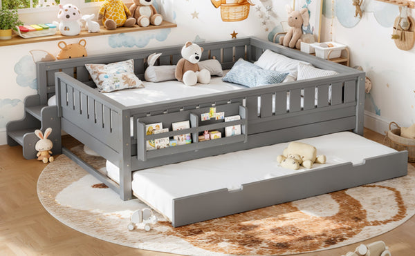 English Elm Queen Loft Bed with Staircase Bookshelf and Trundle Pull-out for Kids Bedroom Gray W1580S00630