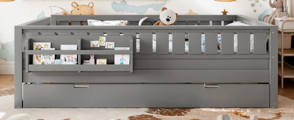 English Elm Queen Loft Bed with Staircase Bookshelf and Trundle Pull-out for Kids Bedroom Gray W1580S00630