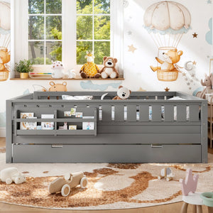 English Elm Queen Loft Bed with Staircase Bookshelf and Trundle Pull-out for Kids Bedroom Gray W1580S00630