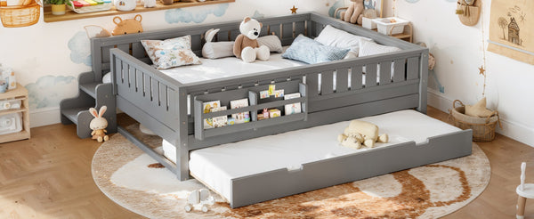 English Elm Queen Loft Bed with Staircase Bookshelf and Trundle Pull-out for Kids Bedroom Gray W1580S00630
