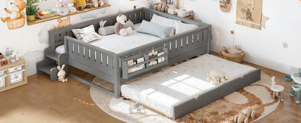 English Elm Queen Loft Bed with Staircase Bookshelf and Trundle Pull-out for Kids Bedroom Gray W1580S00630