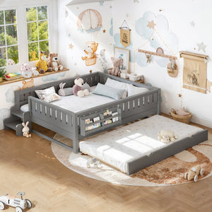 English Elm Queen Loft Bed with Staircase Bookshelf and Trundle Pull-out for Kids Bedroom Gray W1580S00630