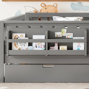 English Elm Queen Loft Bed with Staircase Bookshelf and Trundle Pull-out for Kids Bedroom Gray W1580S00630
