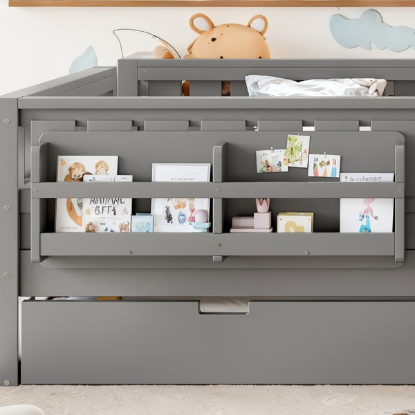 English Elm Queen Loft Bed with Staircase Bookshelf and Trundle Pull-out for Kids Bedroom Gray W1580S00630