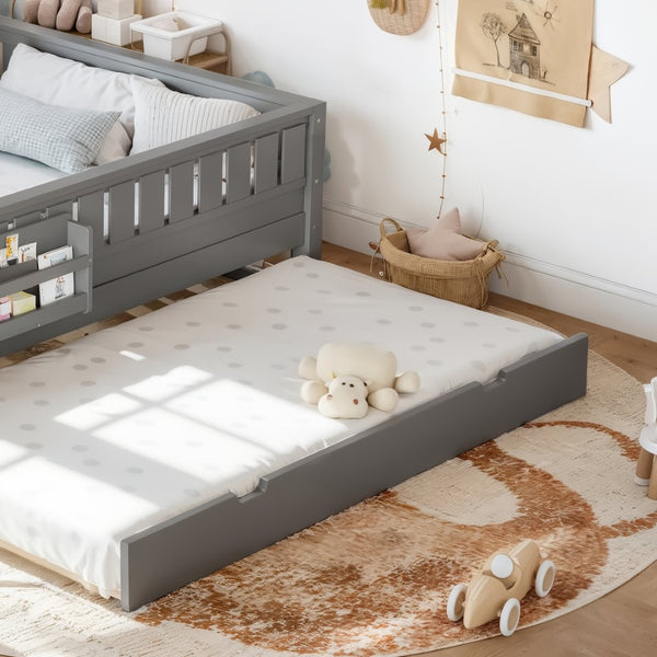 English Elm Queen Loft Bed with Staircase Bookshelf and Trundle Pull-out for Kids Bedroom Gray W1580S00630