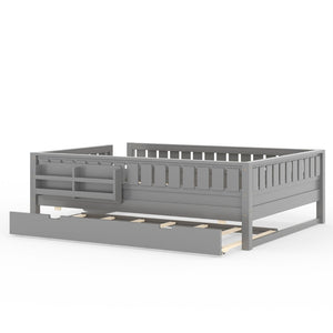 English Elm Queen Loft Bed with Staircase Bookshelf and Trundle Pull-out for Kids Bedroom Gray W1580S00630