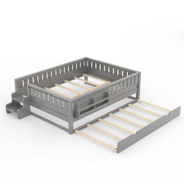 English Elm Queen Loft Bed with Staircase Bookshelf and Trundle Pull-out for Kids Bedroom Gray W1580S00630