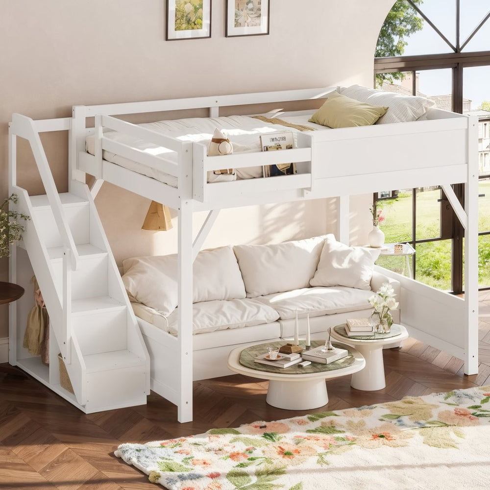 English Elm Queen Solid Pine Loft Bed with Integrated Wardrobe Shelves Guardrails and Staircase W1580S00645