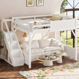 English Elm Queen Solid Pine Loft Bed with Integrated Wardrobe Shelves Guardrails and Staircase W1580S00645